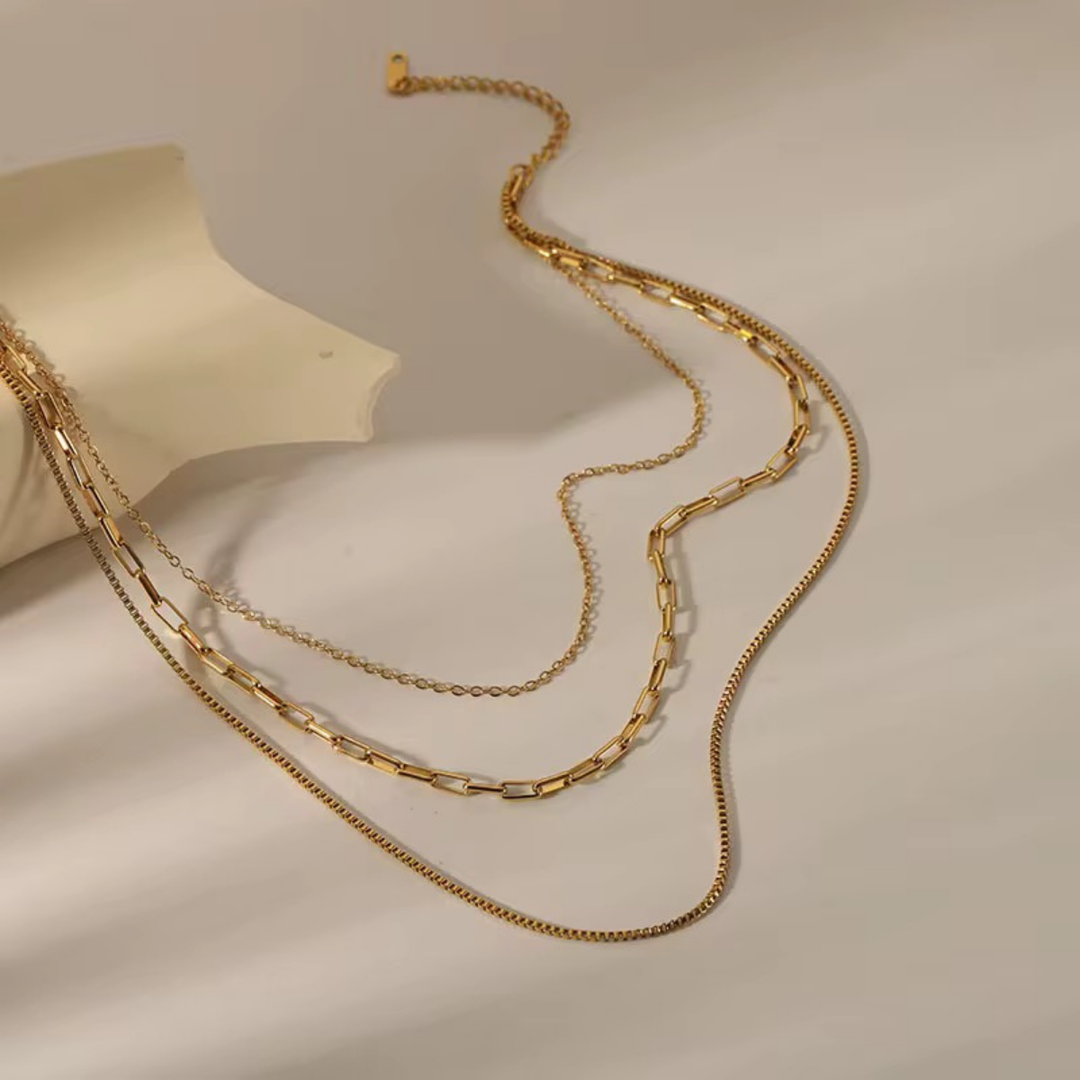 18kt Gold Plated Triple Layered Snake Paperclip Necklace, Hailey