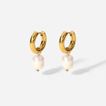 Load image into Gallery viewer, 18kt Gold Plated Stainless Steel Freshwater Pearl Drop Earrings, Mukta - Inaya Accessories
