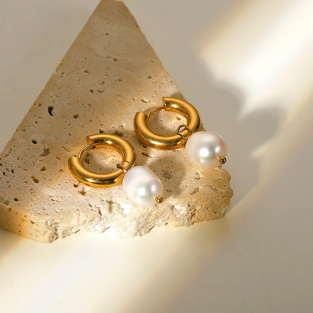 18kt Gold Plated Stainless Steel Freshwater Pearl Drop Earrings, Mukta - Inaya Accessories