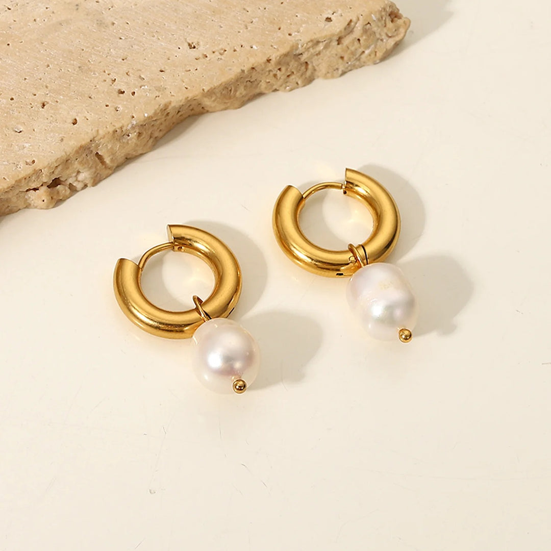 18kt Gold Plated Stainless Steel Freshwater Pearl Drop Earrings, Mukta - Inaya Accessories
