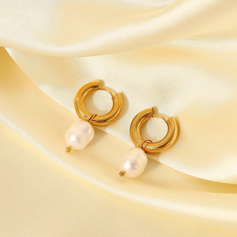 18kt Gold Plated Stainless Steel Freshwater Pearl Drop Earrings, Mukta - Inaya Accessories