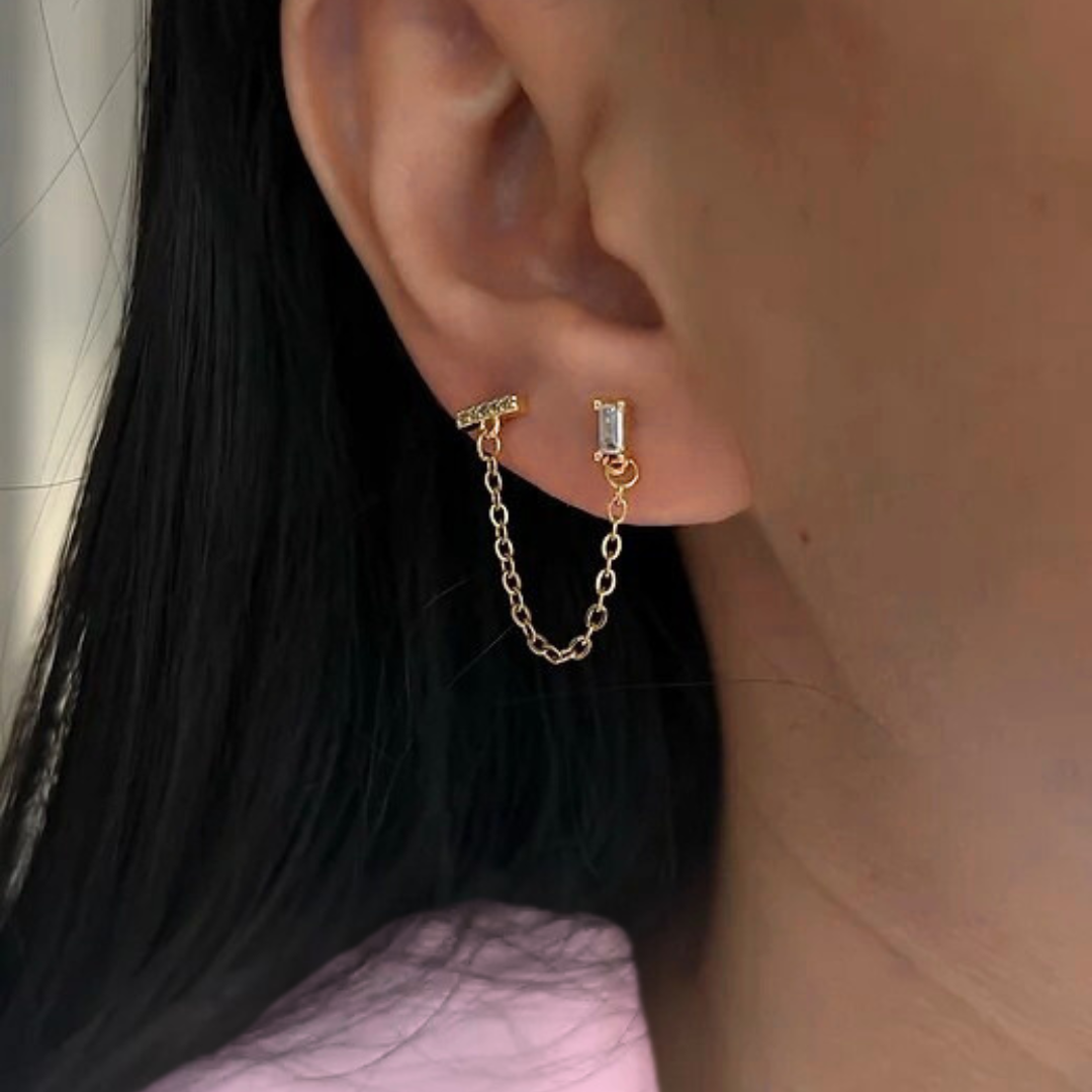 18kt Gold Plated Dainty & Chic Double Piercing Cartilage Chain Earrings, Eka (single side earring)