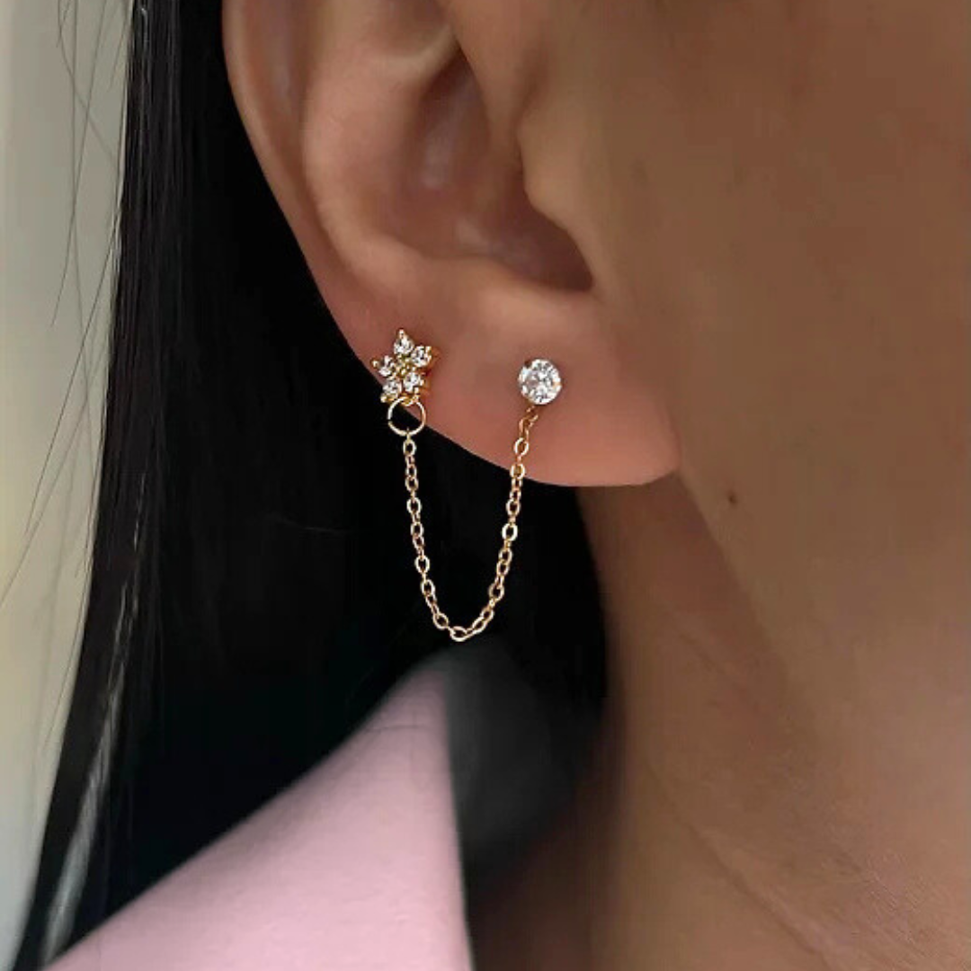 18kt Gold Plated Dainty & Chic Double Piercing Cartilage Chain Earrings, Eka (single side earring)