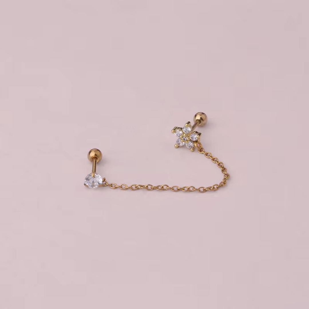 18kt Gold Plated Dainty & Chic Double Piercing Cartilage Chain Earrings, Eka (single side earring)