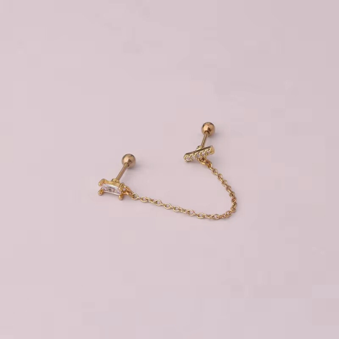 18kt Gold Plated Dainty & Chic Double Piercing Cartilage Chain Earrings, Eka (single side earring)