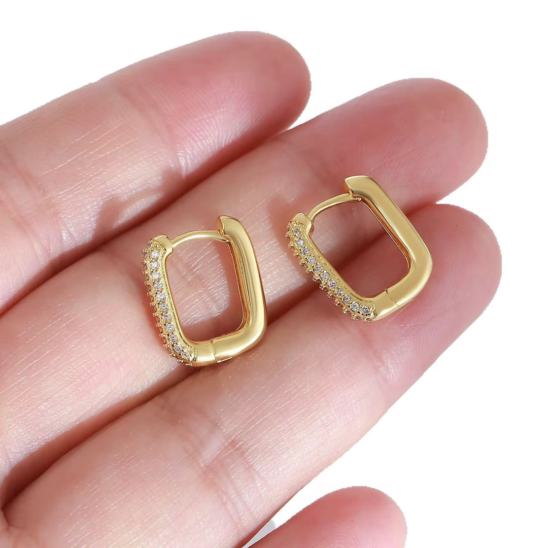 18KT Gold Plated Dainty Zircon Studded Rectangular Stainless Steel Waterproof Earrings, Maisha