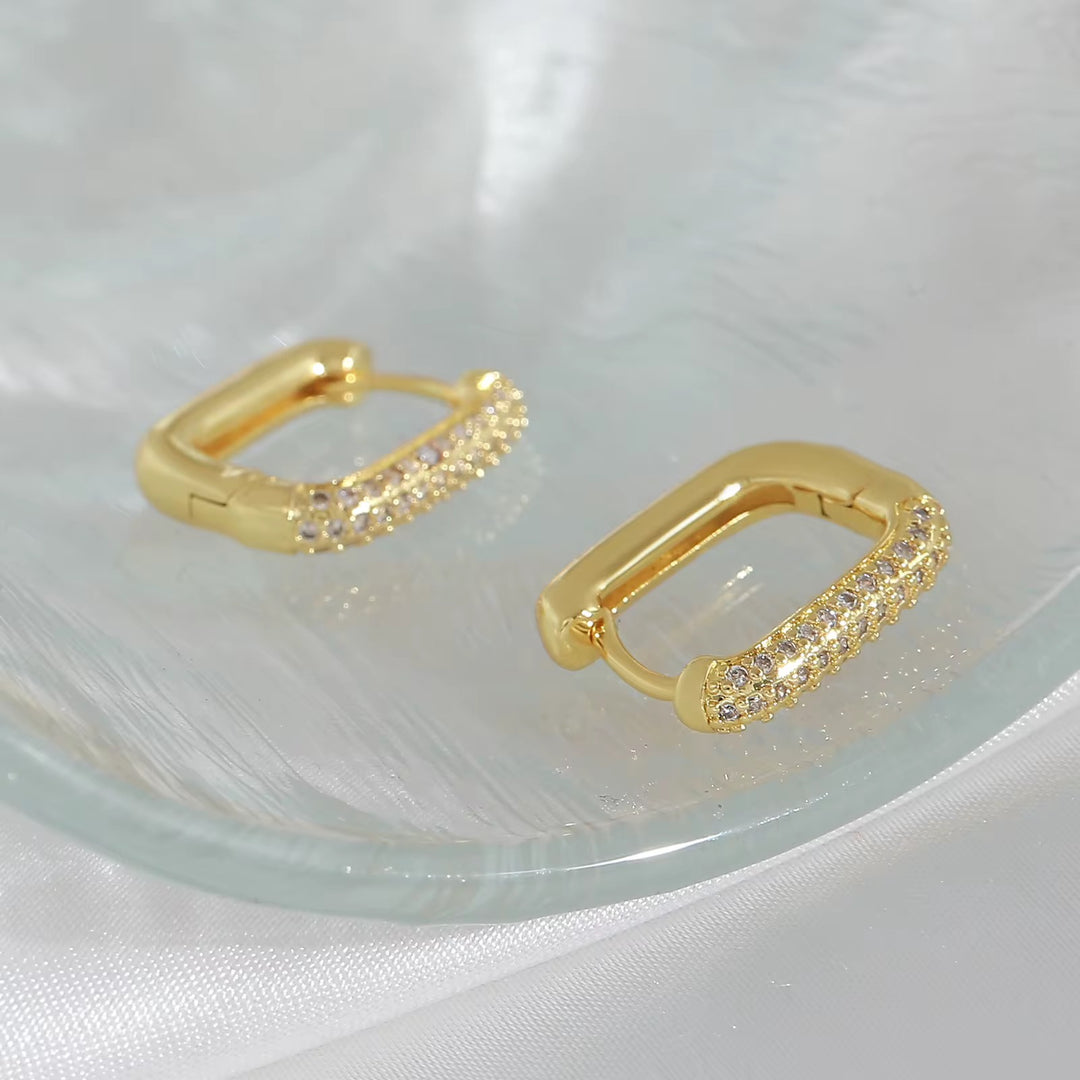 18KT Gold Plated Dainty Zircon Studded Rectangular Stainless Steel Waterproof Earrings, Maisha