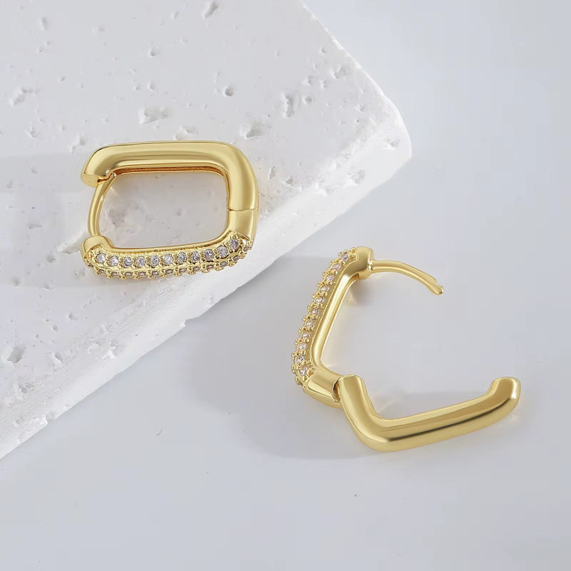 18KT Gold Plated Dainty Zircon Studded Rectangular Stainless Steel Waterproof Earrings, Maisha