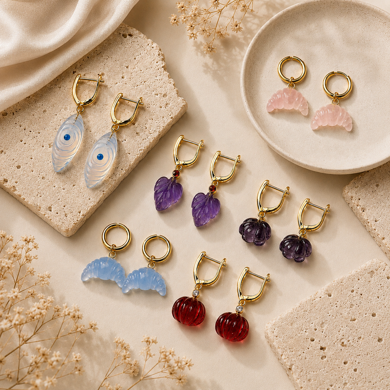 18KT Gold Plated Personalised Carved in Stone Charm Earrings, The Maya Collection