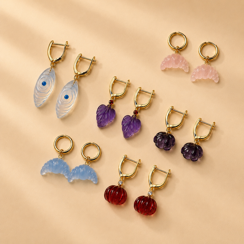 18KT Gold Plated Personalised Carved in Stone Charm Earrings, The Maya Collection
