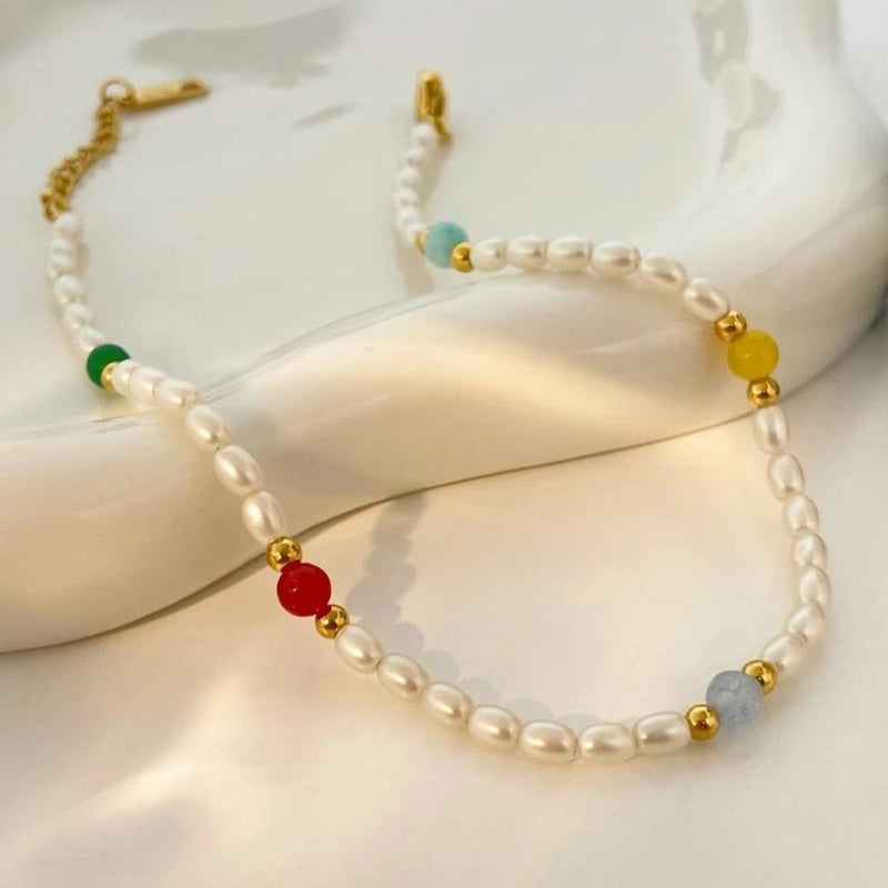 18kt Gold Plated Natural Pearl and Glass Stone Demi Fine Anklet, Aksa