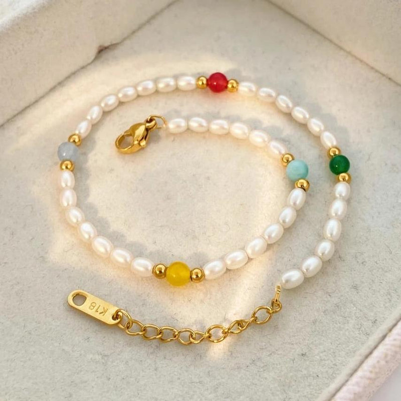 18kt Gold Plated Natural Pearl and Glass Stone Demi Fine Anklet, Aksa