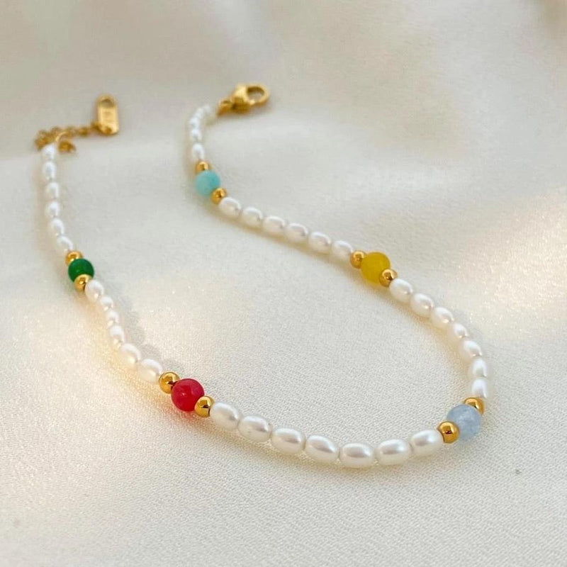 18kt Gold Plated Natural Pearl and Glass Stone Demi Fine Anklet, Aksa