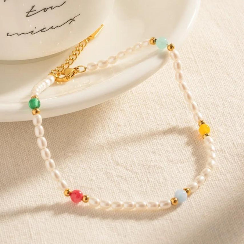 18kt Gold Plated Natural Pearl and Glass Stone Demi Fine Anklet, Aksa
