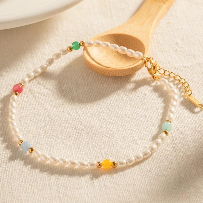 18kt Gold Plated Natural Pearl and Glass Stone Demi Fine Anklet, Aksa