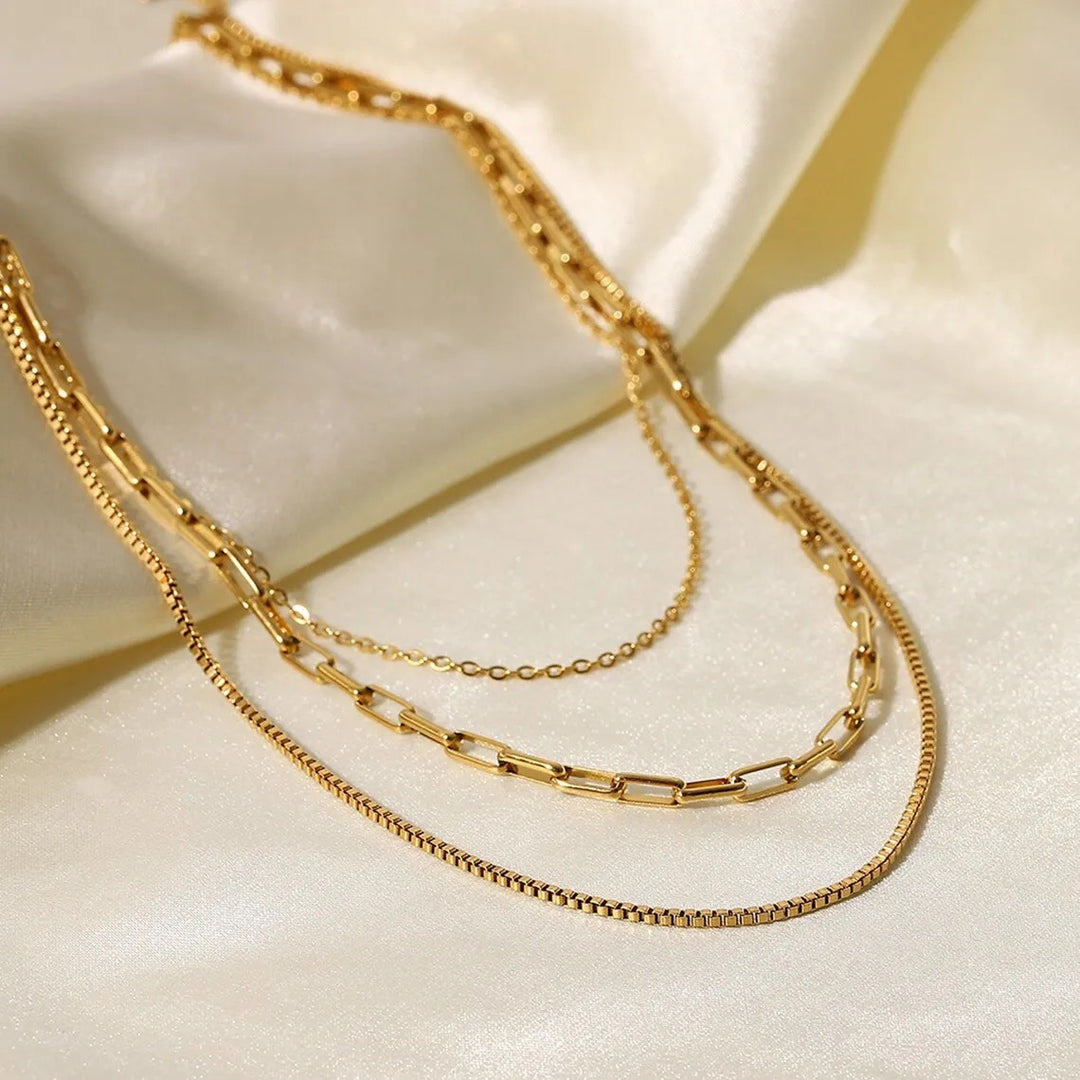 18kt Gold Plated Triple Layered Snake Paperclip Necklace, Hailey - Inaya Accessories