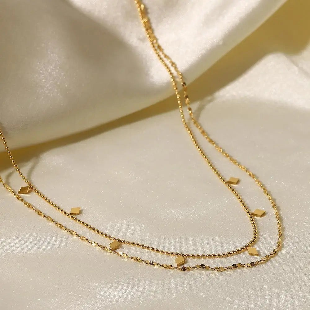 18kt Gold Plated Double Layered Beaded Diamond Necklace, Mia - Inaya Accessories