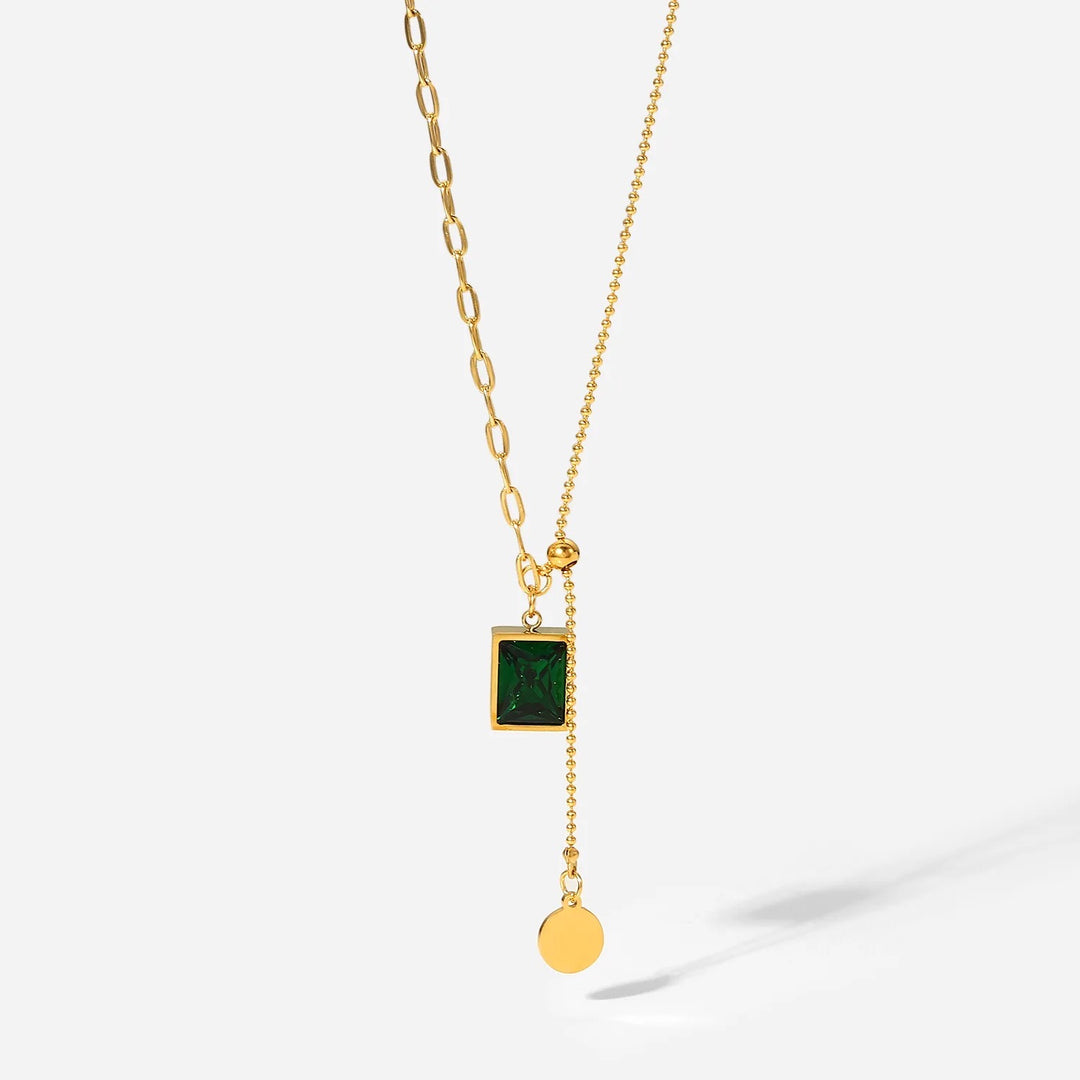 18kt Gold Plated Emerald Link and Beaded Chain Necklace, Piya - Inaya Accessories