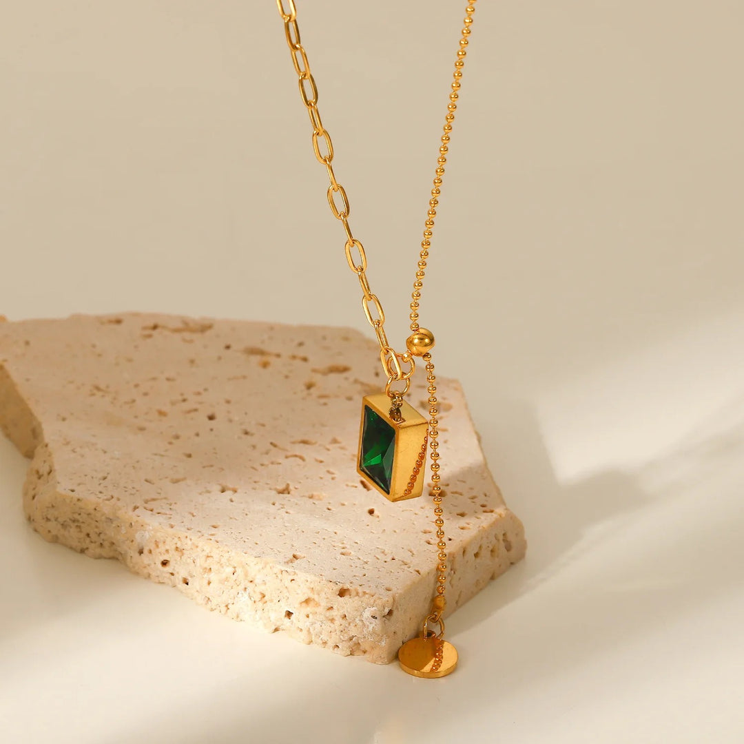 18kt Gold Plated Emerald Link and Beaded Chain Necklace, Piya - Inaya Accessories