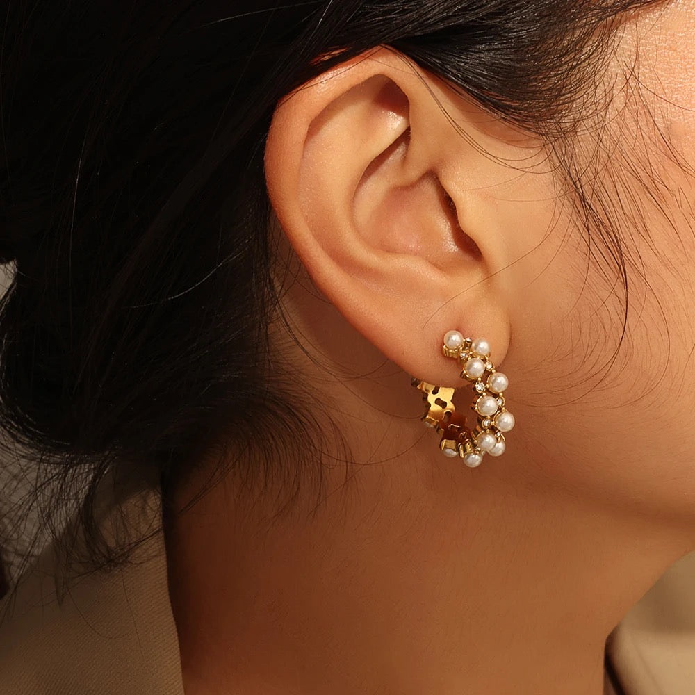 18kt Gold Plated Pearl Cubic Zirconia Hollow Hoop Earrings, Mahi