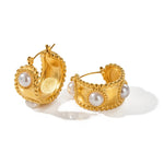 Load image into Gallery viewer, 18kt Gold Plated Matte Statement Pearl Hoop Earrings, Megha