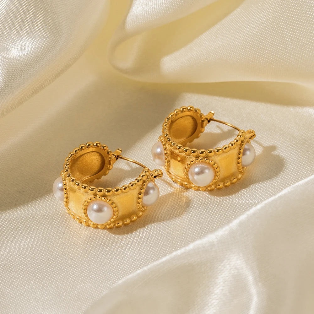 18kt Gold Plated Matte Statement Pearl Hoop Earrings, Megha