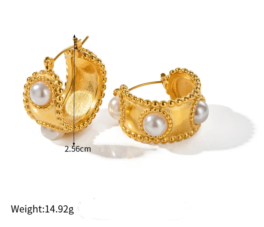 18kt Gold Plated Matte Statement Pearl Hoop Earrings, Megha