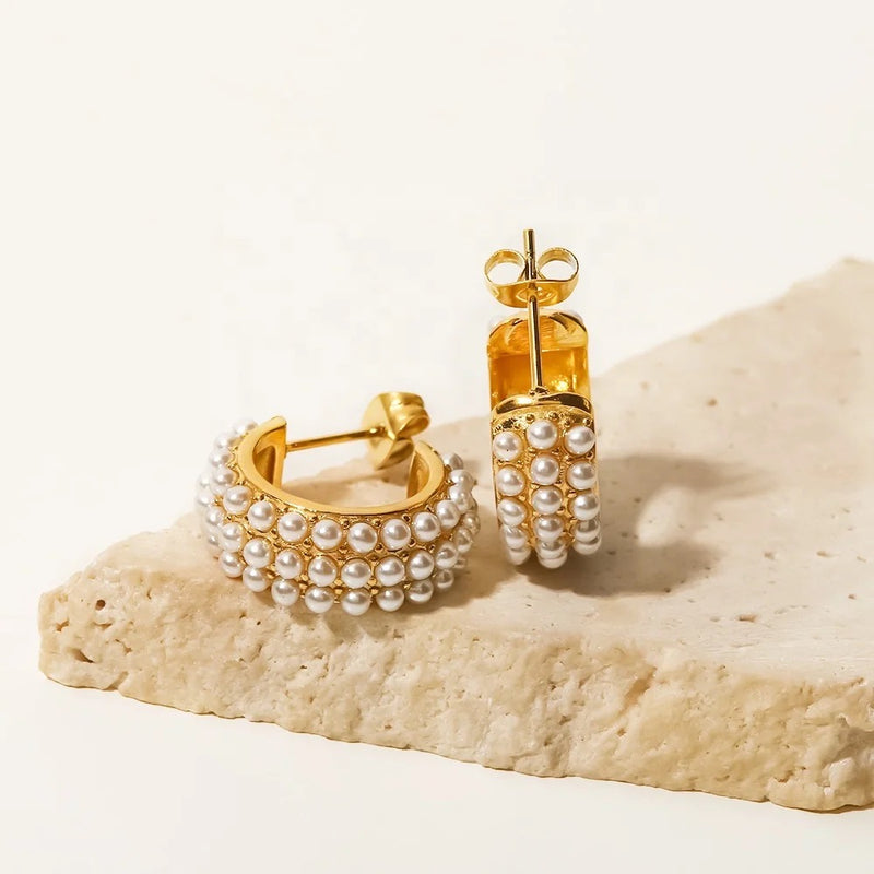 18kt Gold Plated Three Layer Pearl Hoop earrings, Margaret