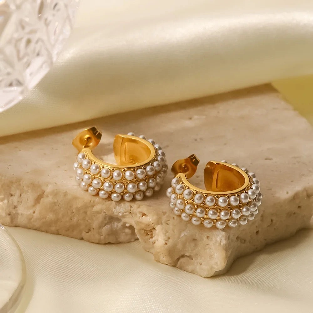 18kt gold plated three layer pearl hoop earrings, margaret
