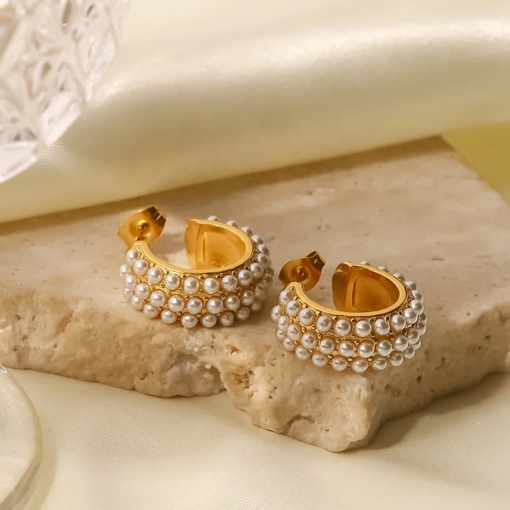 18kt Gold Plated Three Layer Pearl Hoop earrings, Margaret