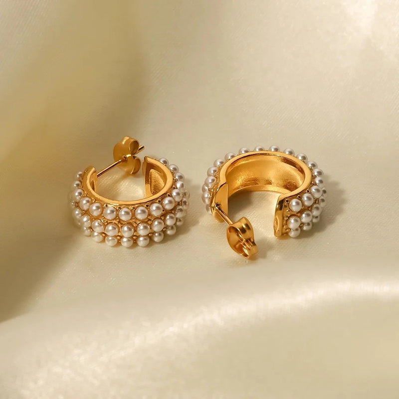 18kt Gold Plated Three Layer Pearl Hoop earrings, Margaret