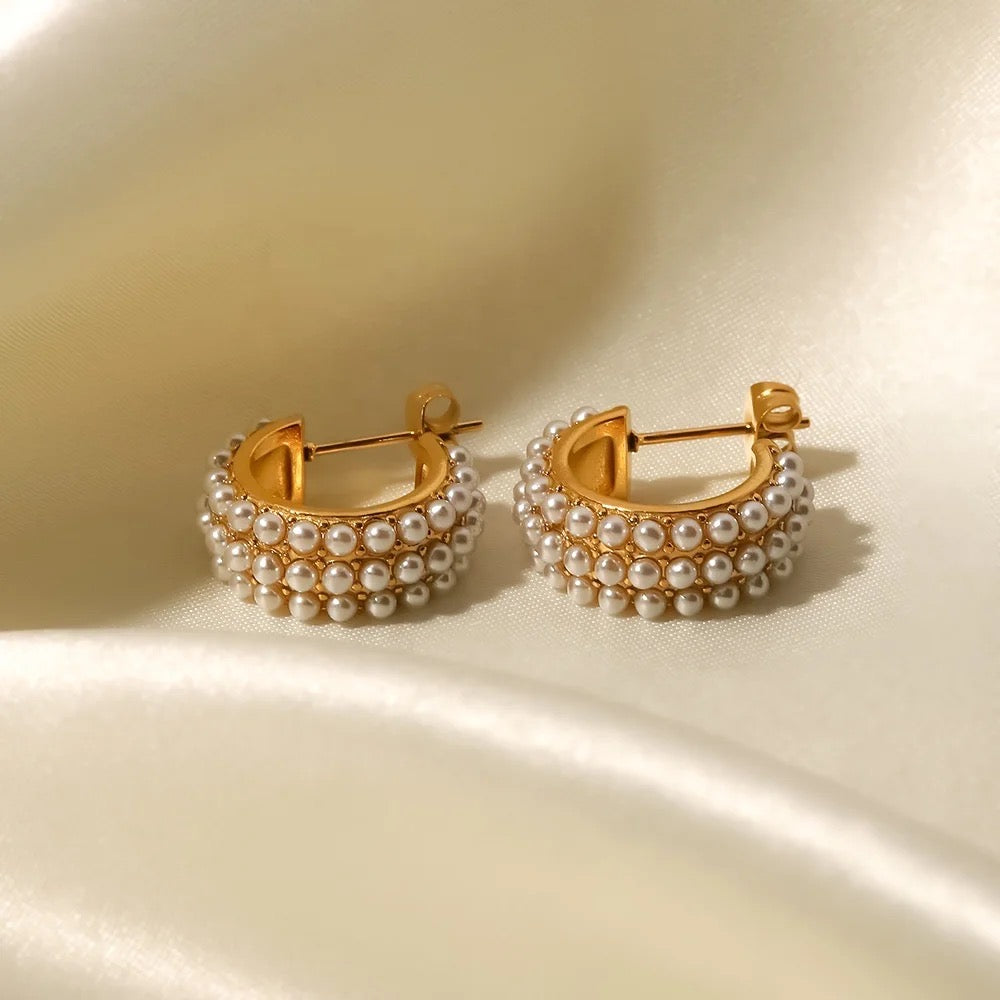 18kt Gold Plated Three Layer Pearl Hoop earrings, Margaret