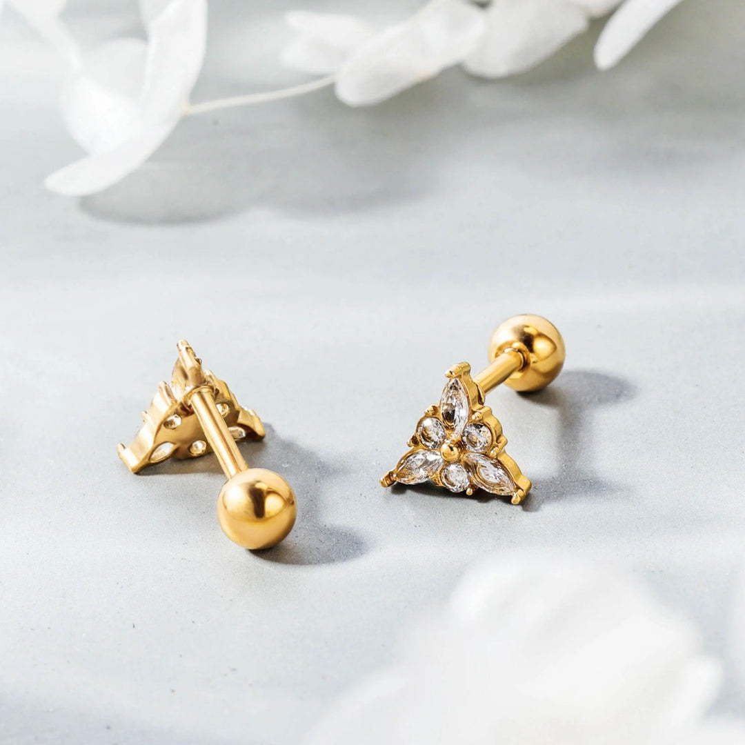 18kt Gold Plated Demi Fine Tripple White Zircon Triangle Piercing Stud Earrings, Ava