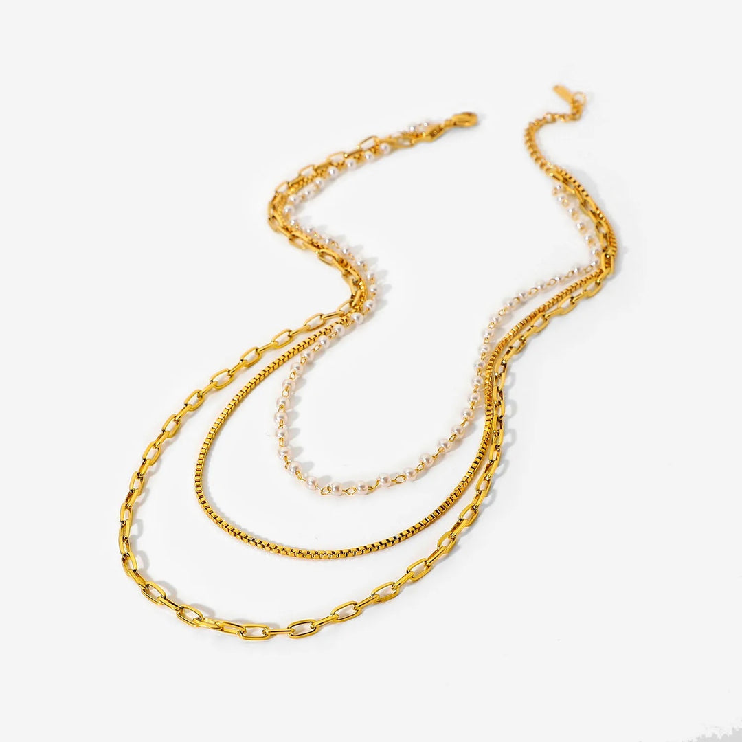 18kt Gold Plated Multilayered Pearl and Linkchain Necklace, Meagan