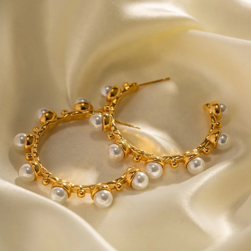 18kt Gold Plated C shaped Statement Pearl Hoop Earrings, Maeve