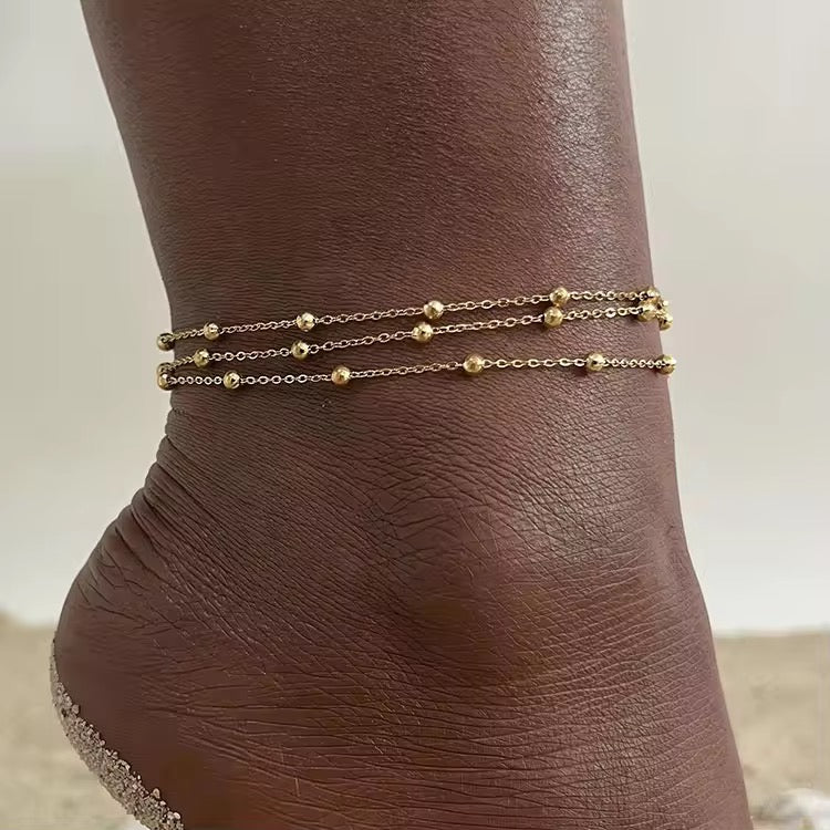 18kt Gold Plated Triple Layer Beaded Balls Anklet, Vera