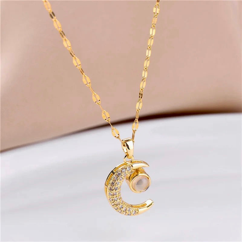 18kt Gold Plated Cubic Zirconia Crescent Love Necklace, Farida Jalal