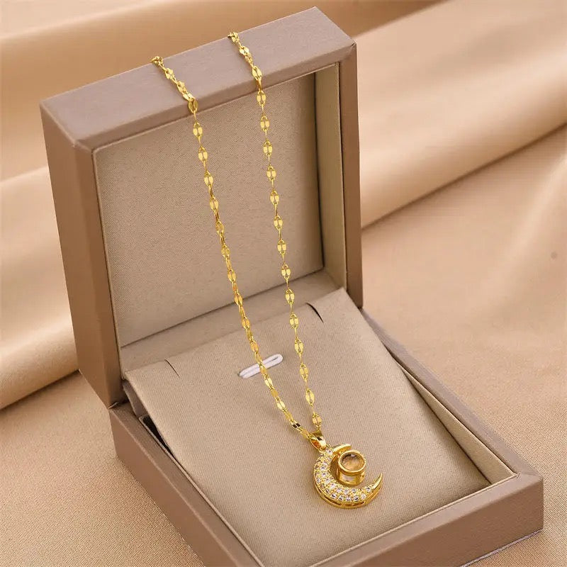 18kt Gold Plated Cubic Zirconia Crescent Love Necklace, Farida Jalal