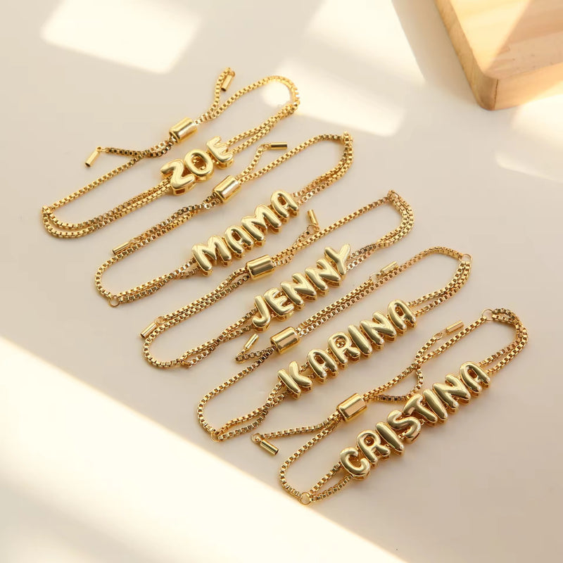 Personalised 18KT Gold Plated Waterproof Plain Bubble Initial Name Bracelet