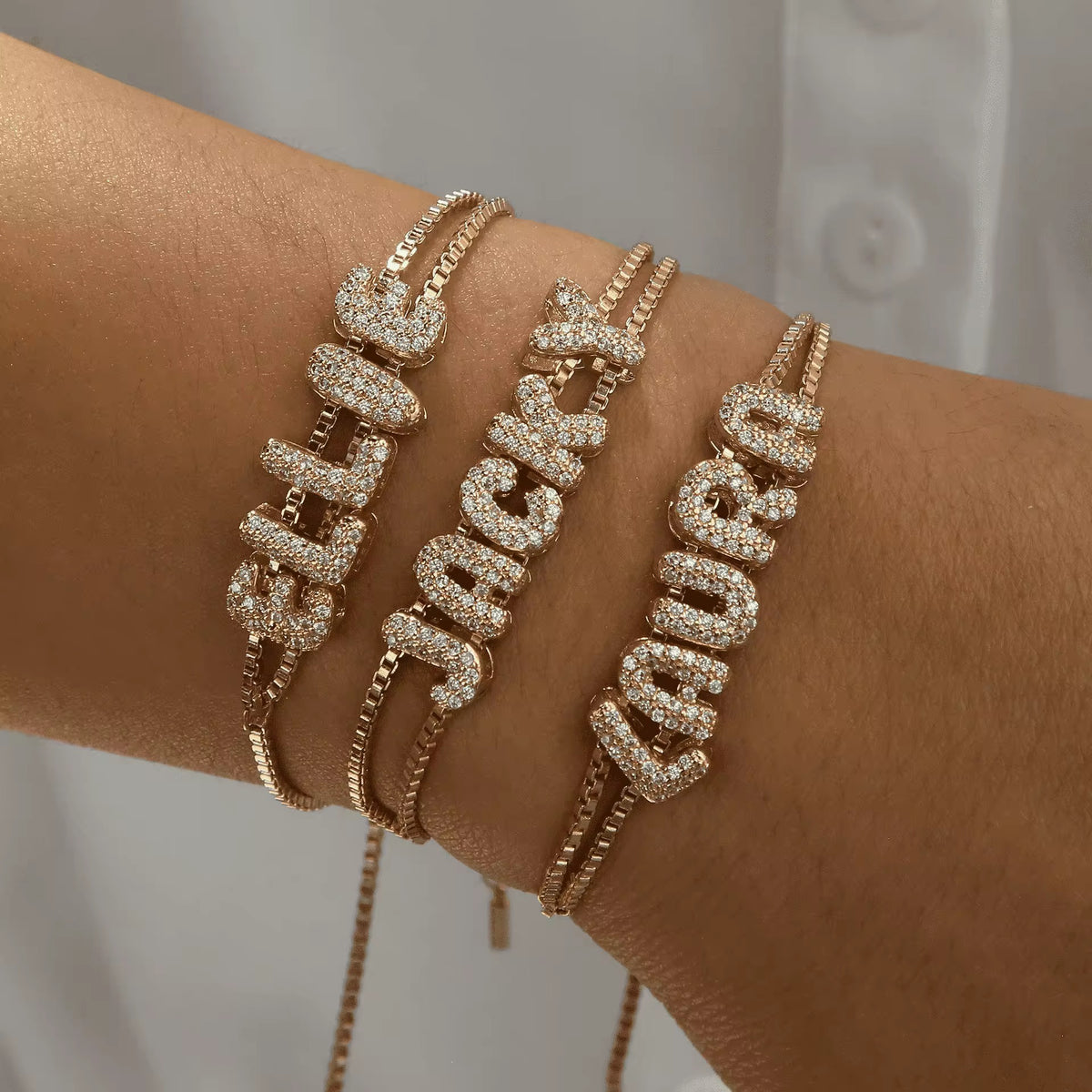 Personalised 18kt gold plated waterproof diamond bubble initial name bracelet