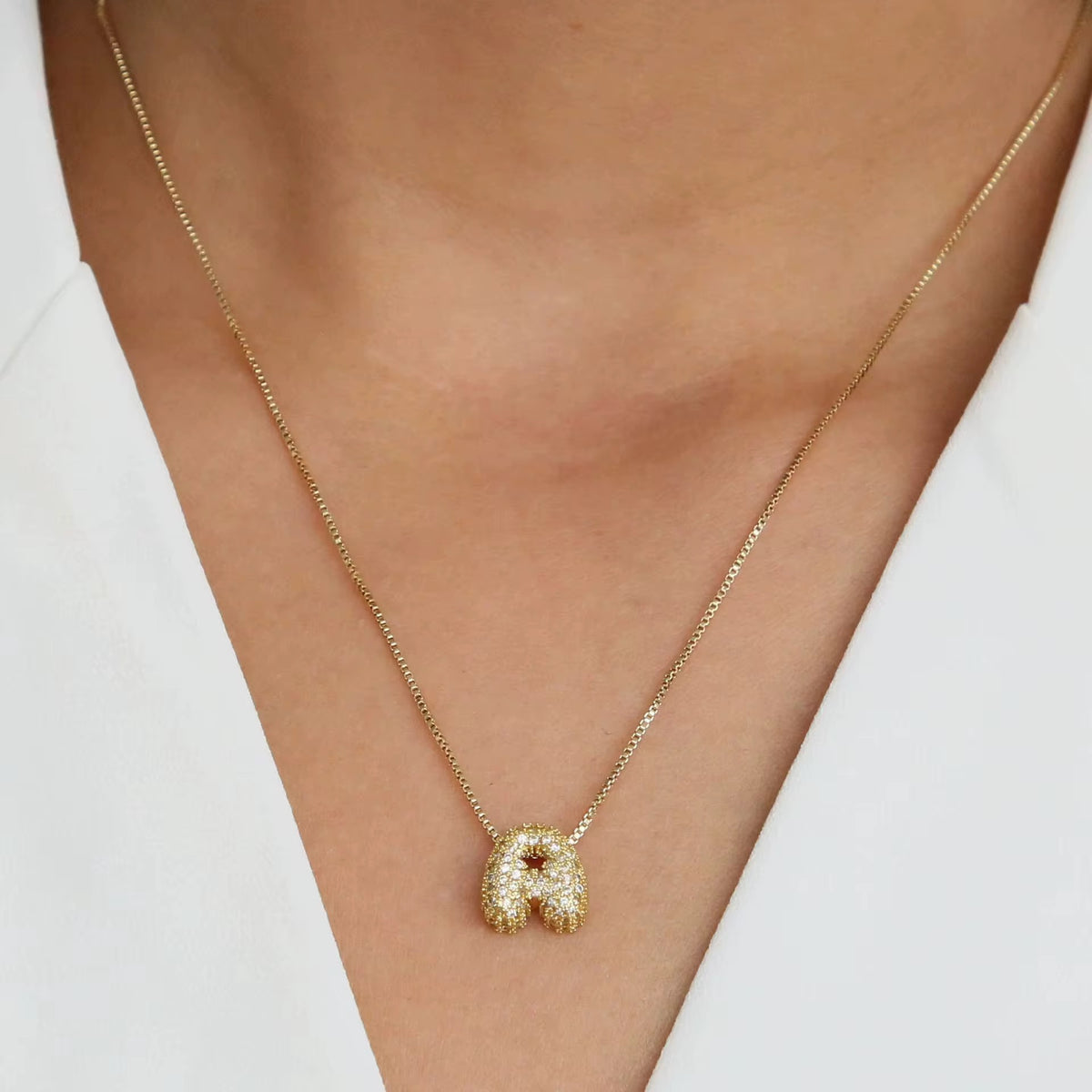 18kt gold plated waterproof statement diamond bubble name necklace