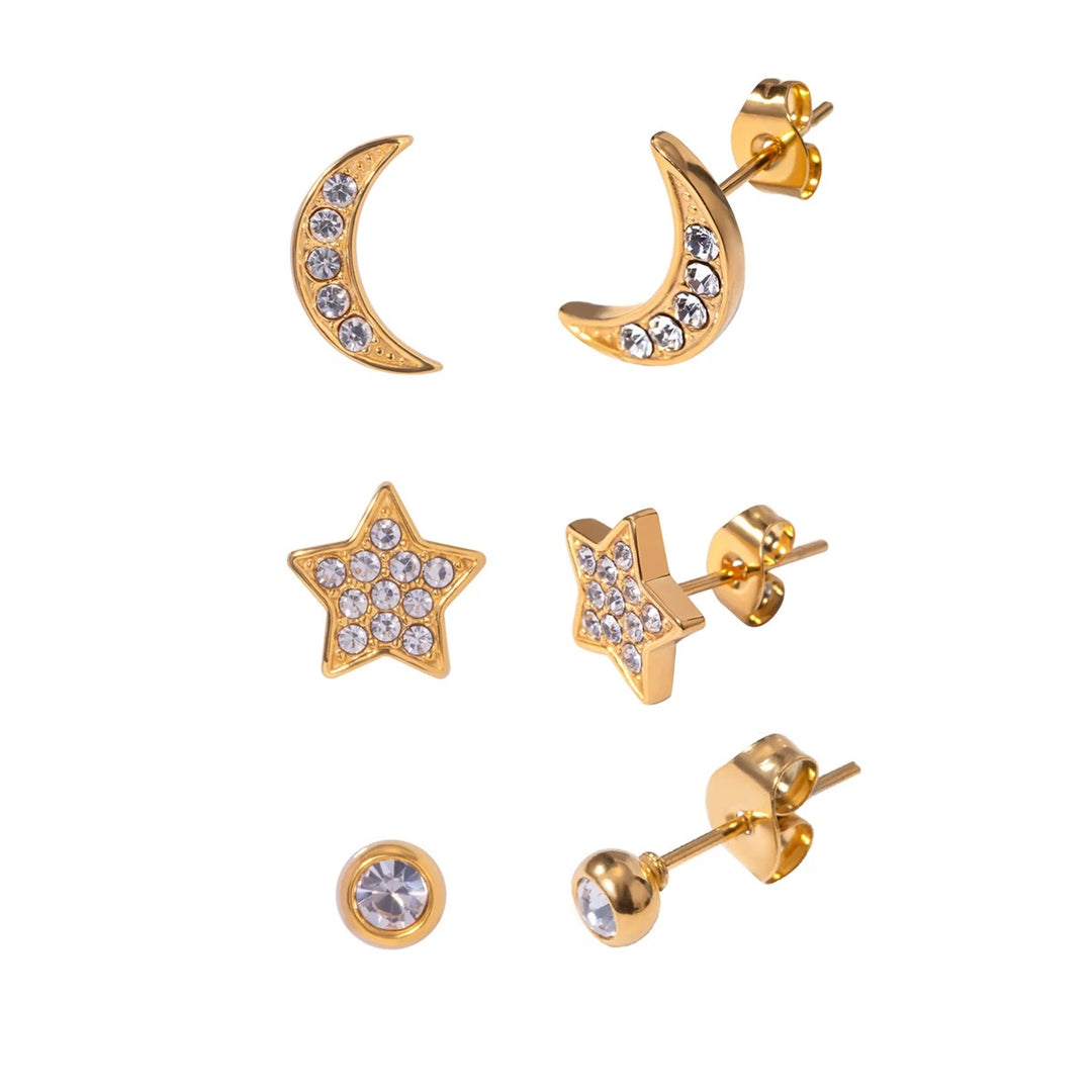 18Kt Gold Plated Monsoon set of three Celestial Stud Earrings, Lily