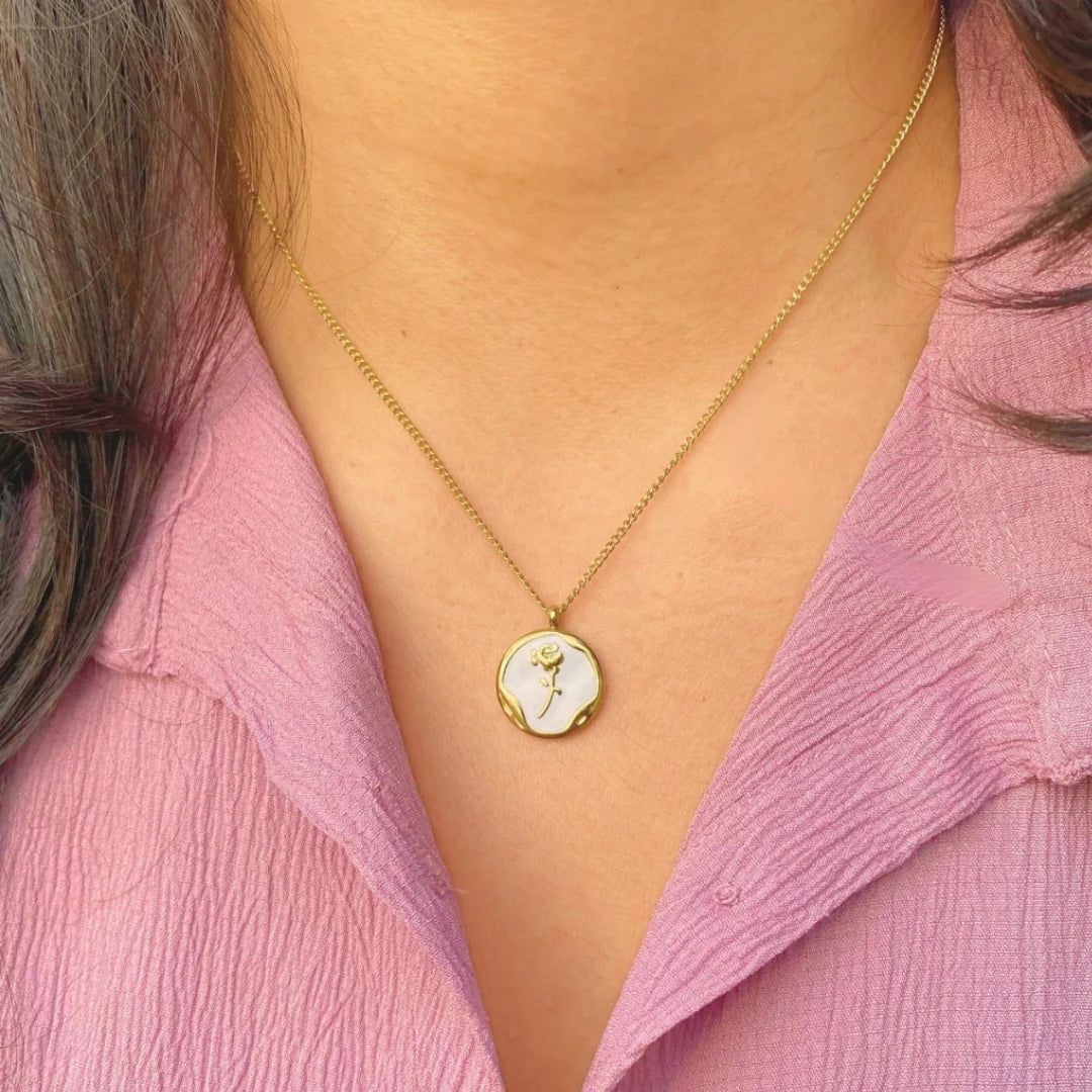 18kt Gold Plated Mother of Pearl Dainty Rose Necklace, Ocean