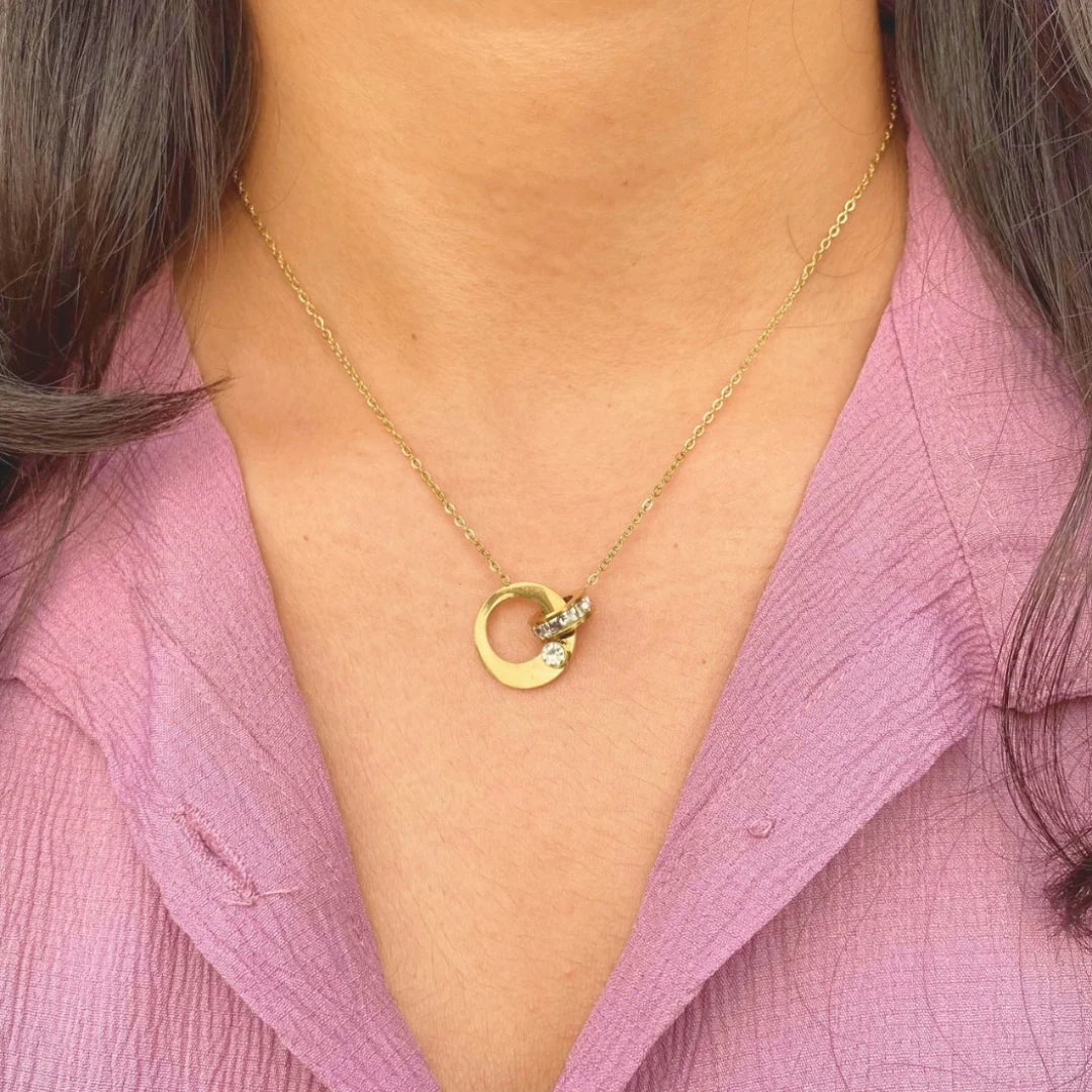 18kt Gold Plated Double Circle Lock Rhinestone Studded Necklace, Kira