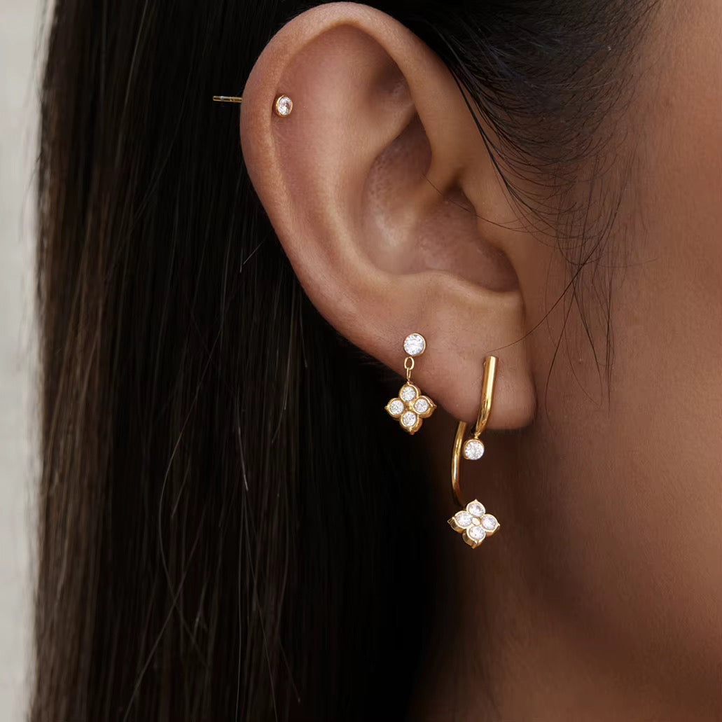 18kt gold plated floral drop, stud and ear jacket set of 3 (single side), geena