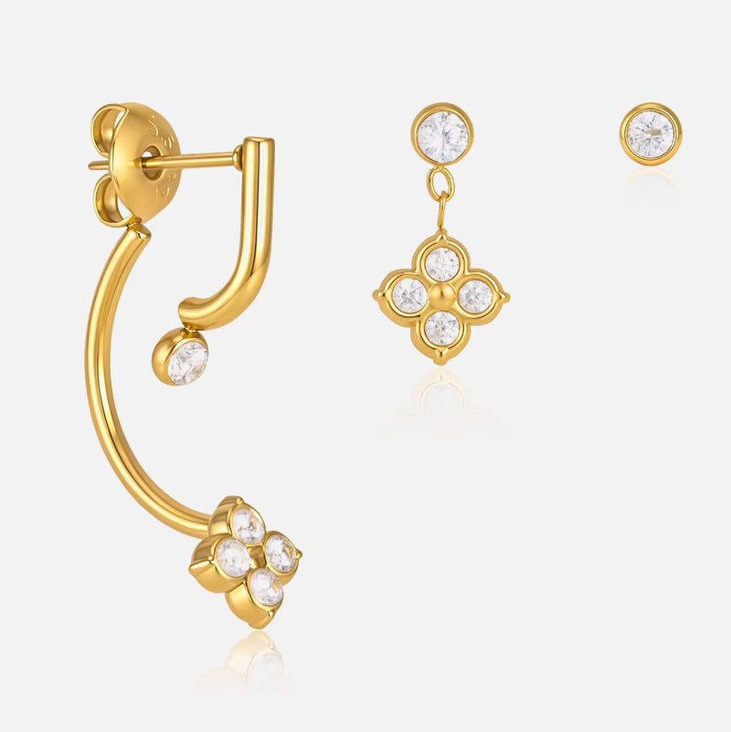 18kt Gold Plated Floral Drop, Stud and Ear Jacket Set of 3 (single side), Geena