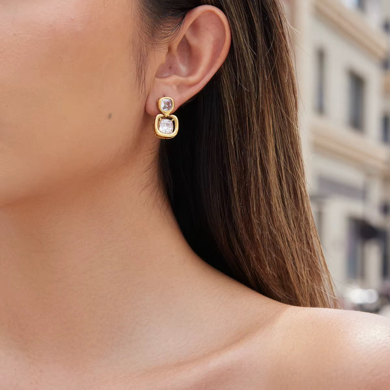 18kt Gold Plated Double Cushion Drop Earrings, Petra