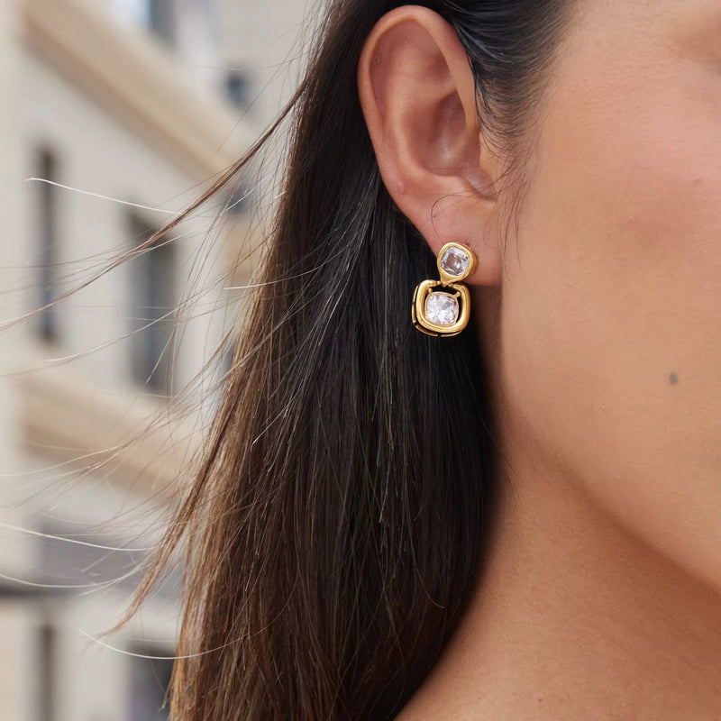 18kt Gold Plated Double Cushion Drop Earrings, Petra