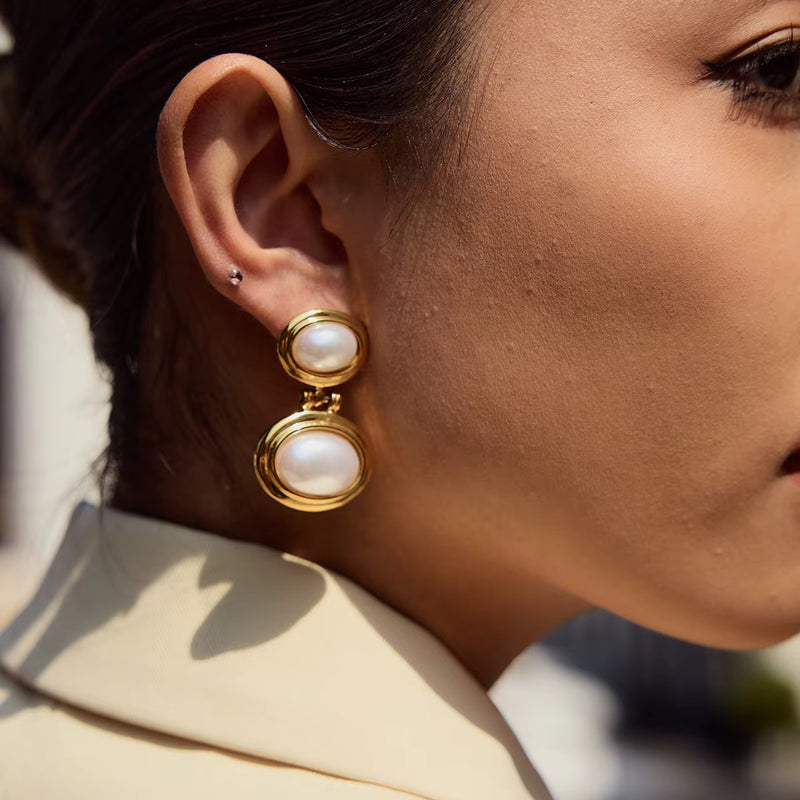 18kt Gold Plated Double Oval Pearl Earrings, Tamara