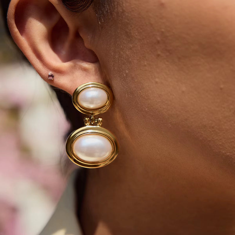 18kt Gold Plated Double Oval Pearl Earrings, Tamara